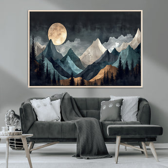 11060882-MGV-CV-36X24-Moonlit Mountains Wall Art Canvas Print, Framed Forest Silhouette Art Picture Print, Night Landscape Perfect Modern Forest Decor