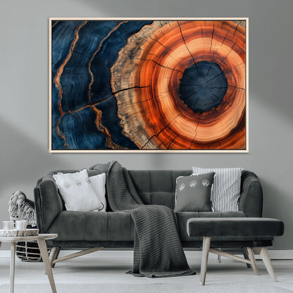 41123192-MGV-CV-36X24-Tree Ring Canvas Wall Art – Abstract Blue Orange Wood Grain Print, Rustic Modern Nature Artwork for Living Room, Bedroom, Office
