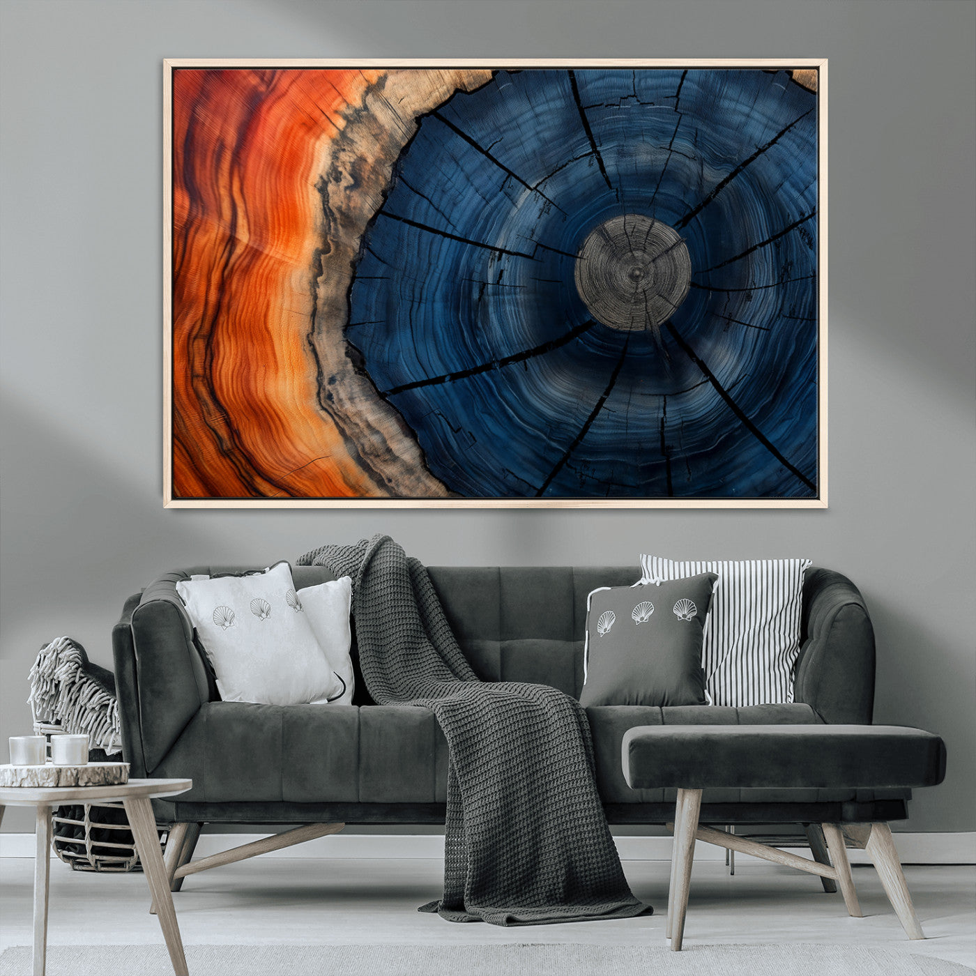 26110607-MGV-CV-36X24-Blue and Orange Tree Ring Wall Art – Abstract Wood Cross Section Canvas Print, Modern Rustic Nature Decor for Living Room, Office,
