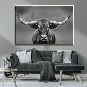 81228550-MGV-CV-36X24-Framed Texas Longhorn Bull Art Canvas Print, Western Bull Wall Art Print, Long Horn Bull Photo Print for Log Cabin, Large Bull