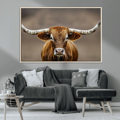 12179171-MGV-CV-36X24-Texas Longhorn Wall Art Canvas Print, Framed Brown Bull Art Picture Print, Lone Cattle Perfect Rustic Western Decor Artwork