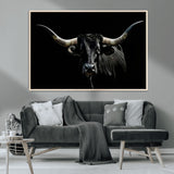 37531960-MGV-CV-36X24-Black Longhorn Bull Wall Art – Dramatic Western Cattle Canvas Print, Rustic Farmhouse Animal Artwork for Living Room, Bedroom,