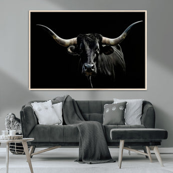 37531960-MGV-CV-36X24-Black Longhorn Bull Wall Art – Dramatic Western Cattle Canvas Print, Rustic Farmhouse Animal Artwork for Living Room, Bedroom,