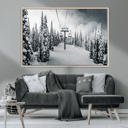 31156828-MGV-CV-36X24-Snowy Pines Wall Art Canvas Print, Framed Ski Lift Art Picture Print, Winter Forest Perfect Moody Lodge Decor Artwork