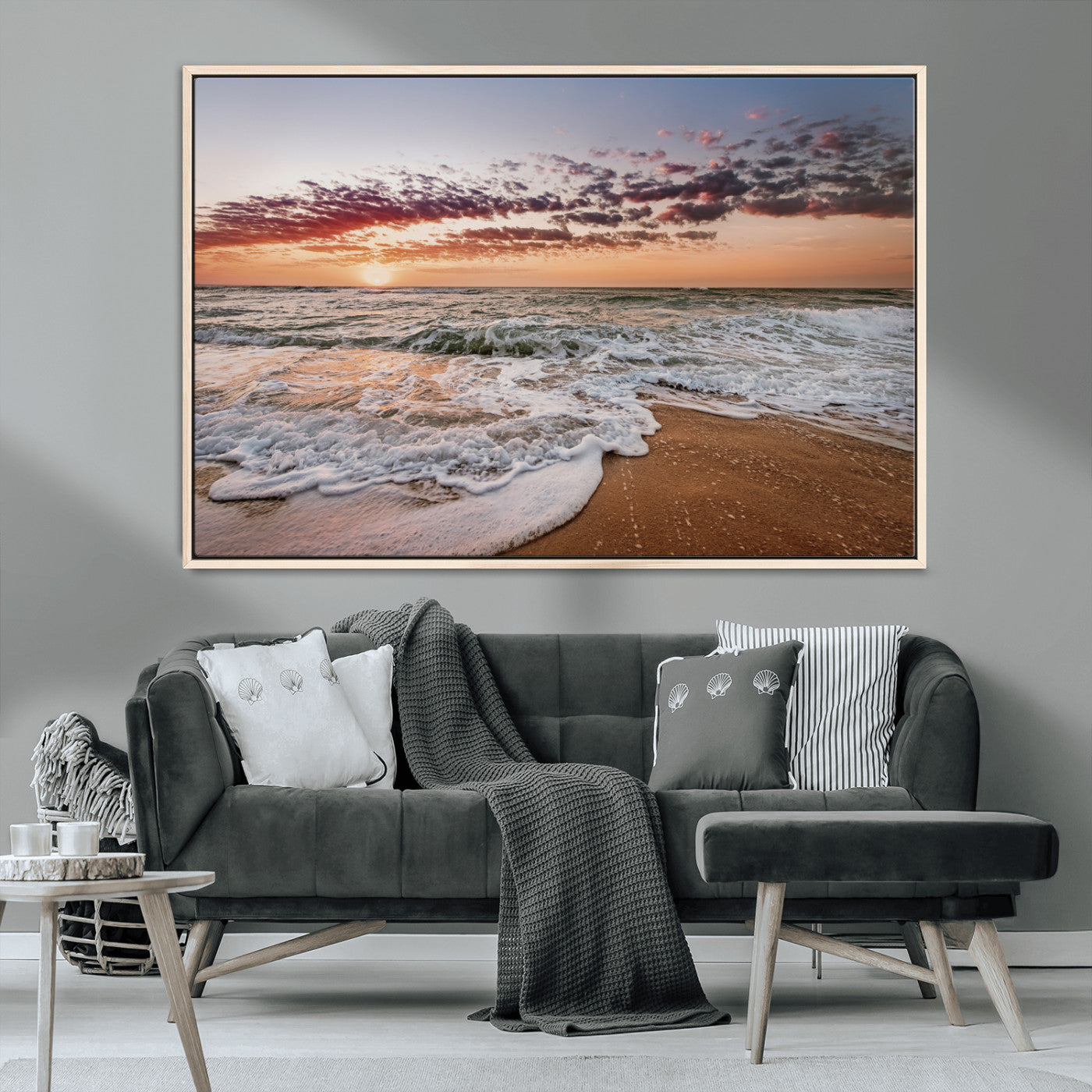39846389-MGV-FC-36X24_Natural-Ocean Sunset Wall Art Canvas Print, Framed Sandy Shore Art Picture Print, Gentle Waves Perfect Minimalist Coastal Decor Artwork