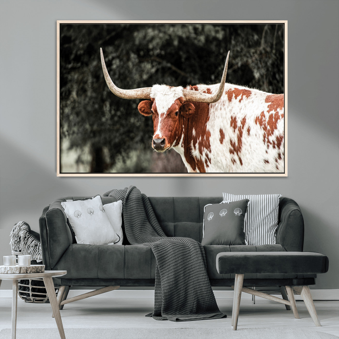 54027638-MGV-CV-36X24-Texas Longhorn Wall Art Canvas Print, Framed Spotted Cow Art Picture Print, Horned Bull Perfect Rustic Western Decor Artwork