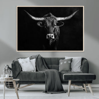 42077175-MGV-CV-36X24-Texas Longhorn Wall Art Canvas Print, Framed Monochrome Bull Art Picture Print, Horned Bull Perfect Rustic Western Decor Artwork