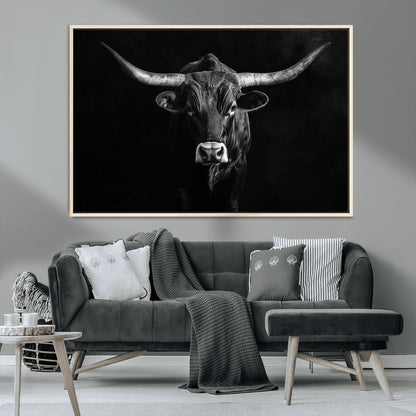 42077175-MGV-CV-36X24-Texas Longhorn Wall Art Canvas Print, Framed Monochrome Bull Art Picture Print, Horned Bull Perfect Rustic Western Decor Artwork