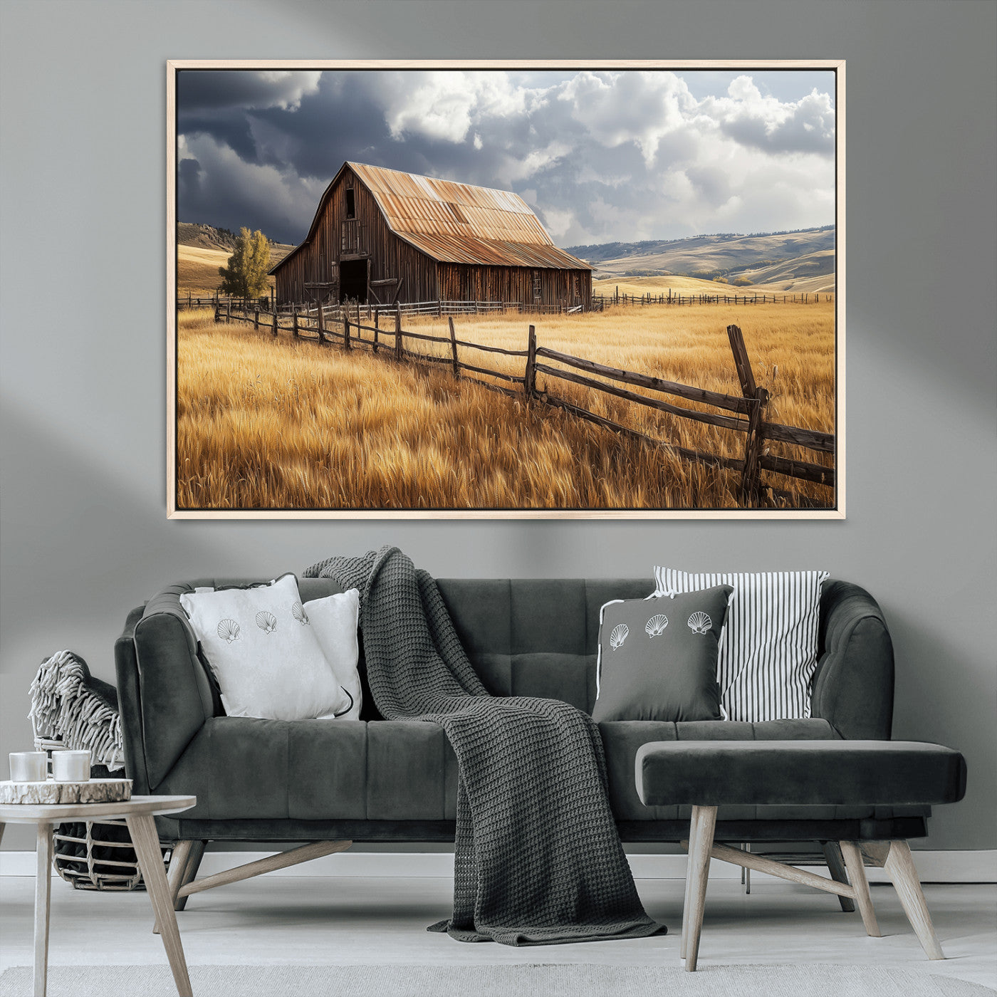 38758826-MGV-CV-36X24-Rustic Barn Wall Art Canvas Print, Framed Moody Barn Art Picture Print, Golden Field Perfect Rustic Farmhouse Decor Artwork