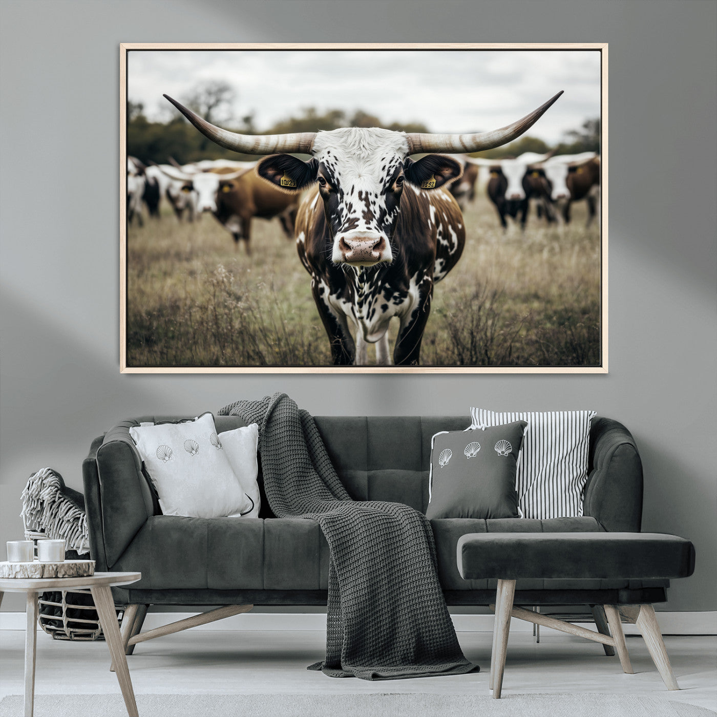 79025945-MGV-CV-36X24-Texas Longhorn Wall Art Canvas Print, Framed Speckled Cow Art Picture Print, Horned Cattle Perfect Rustic Western Decor Artwork