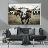 79025945-MGV-CV-36X24-Texas Longhorn Wall Art Canvas Print, Framed Speckled Cow Art Picture Print, Horned Cattle Perfect Rustic Western Decor Artwork