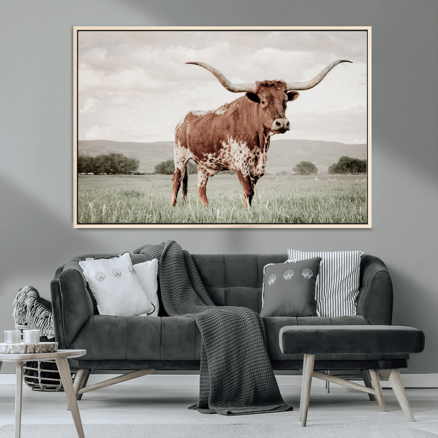 28309012-MGV-CV-36X24-Texas Longhorn Wall Art Canvas Print, Framed Spotted Cattle Art Picture Print, Horned Bull Perfect Rustic Western Decor Artwork