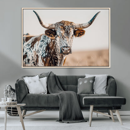 70414966-MGV-CV-36X24-Texas Longhorn Wall Art Canvas Print, Framed Speckled Cow Art Picture Print, Horned Bull Perfect Rustic Western Decor Artwork