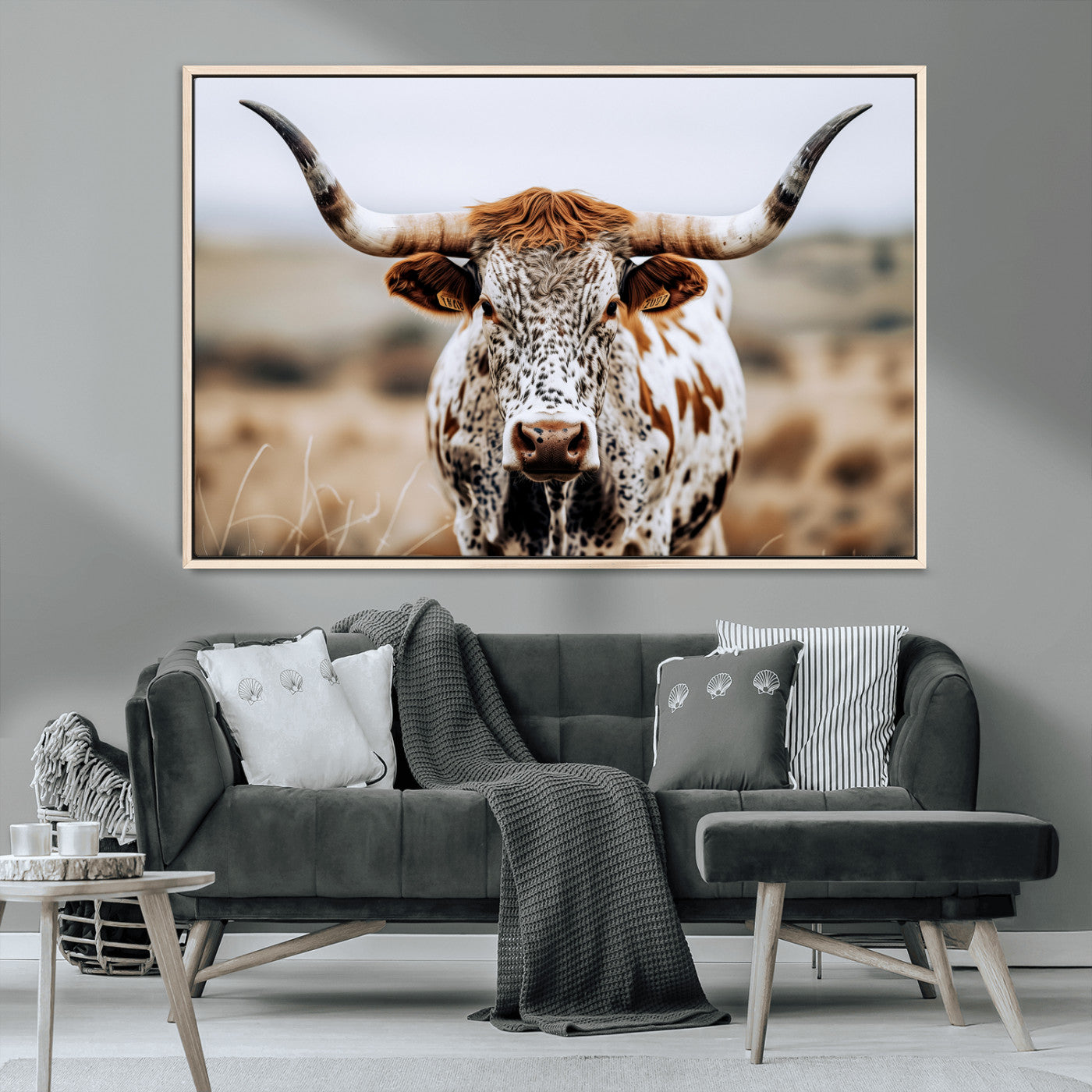 76294381-MGV-CV-36X24-Texas Longhorn Wall Art Canvas Print, Framed Spotted Cow Art Picture Print, Horned Cattle Perfect Rustic Western Decor Artwork