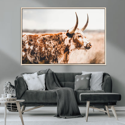 11528295-MGV-CV-36X24-Speckled Longhorn Wall Art Canvas Print, Framed Texas Cattle Art Picture Print, Horned Cow Perfect Rustic Western Decor Artwork