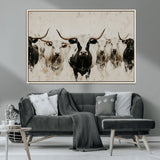 12027562-MGV-CV-36X24-Longhorn Cattle Wall Art Canvas Print, Framed Bison Herd Art Picture Print, Cattle Group Perfect Rustic Farmhouse Decor Artwork