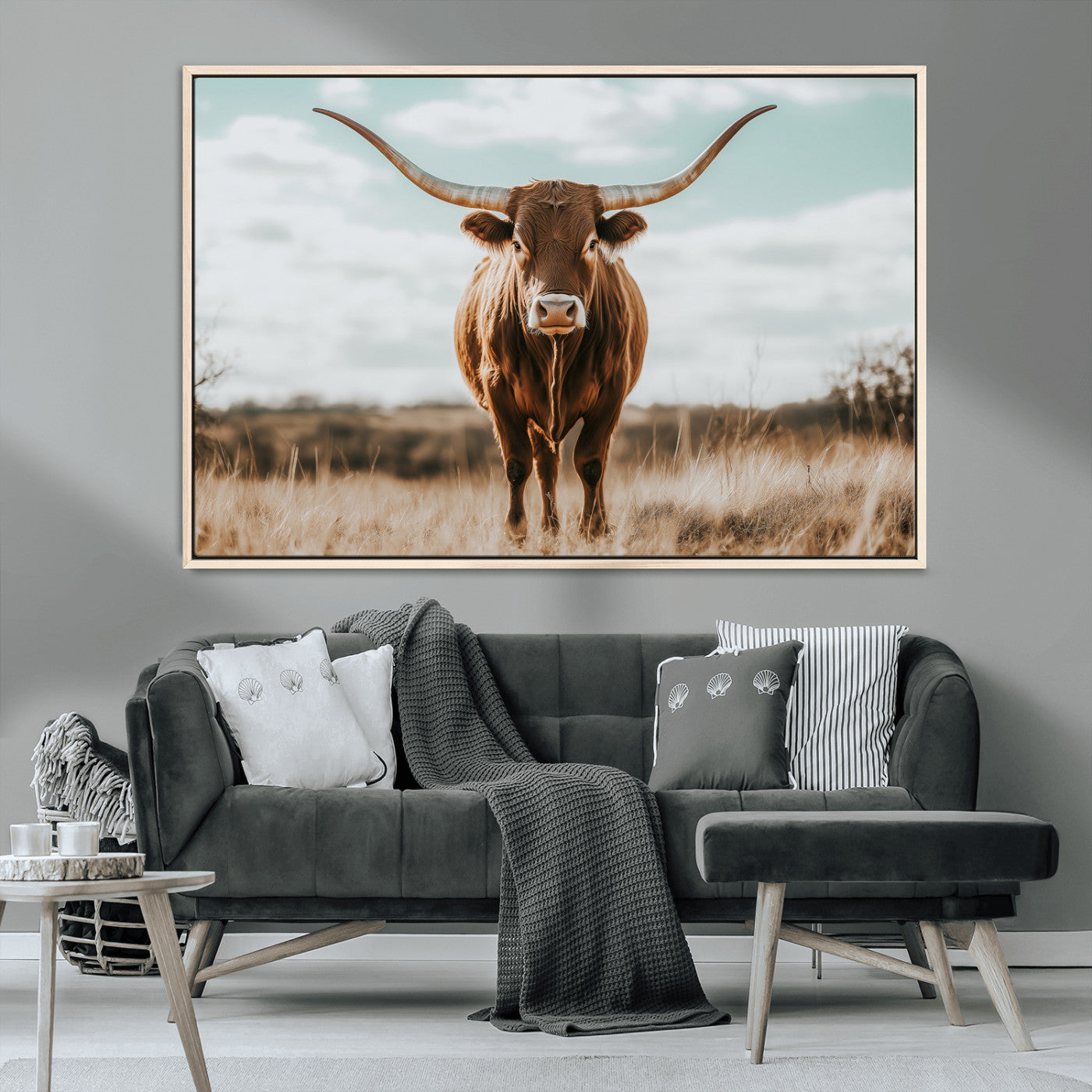 39350715-MGV-CV-36X24-Texas Longhorn Wall Art Canvas Print, Framed Longhorn Cow Art Picture Print, Western Cattle Perfect Rustic Western Decor Artwork