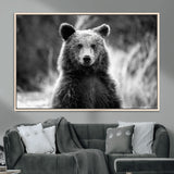 MGV-FC-36X24 - Grizzly Bear Wall Art Canvas Print, Framed Black White Bear Art Picture Print, Wild Bear Perfect Rustic Wildlife Decor Artwork