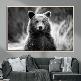 MGV-FC-36X24 - Grizzly Bear Wall Art Canvas Print, Framed Black White Bear Art Picture Print, Wild Bear Perfect Rustic Wildlife Decor Artwork