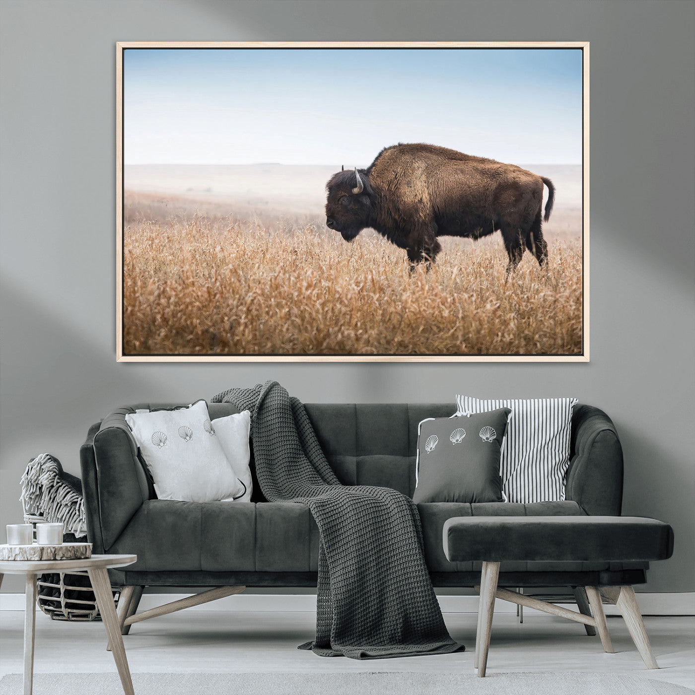 91267849-MGV-CV-36X24-Wild Bison Wall Art Canvas Print, Framed Bison in Prairie Art Picture Print, Rustic Western Perfect Rustic Western Decor Artwork