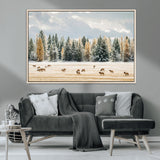 64188182-MGV-FC-36X24_Natural-Elk Herd Wall Art Canvas Print, Framed Snowy Forest Art Picture Print, Forest Elks Perfect Neutral Rustic Decor Artwork
