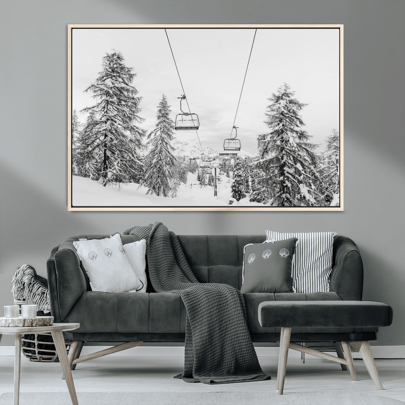 55003599-MGV-CV-36X24-Snowy Ski Lift Wall Art Canvas Print, Framed Winter Forest Art Picture Print, Ski lift Ride Perfect Winter Lodge Decor Artwork