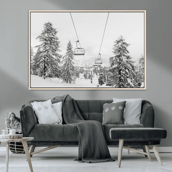 55003599-MGV-CV-36X24-Snowy Ski Lift Wall Art Canvas Print, Framed Winter Forest Art Picture Print, Ski lift Ride Perfect Winter Lodge Decor Artwork