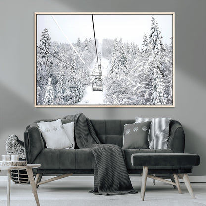 60296839-MGV-CV-36X24-Snowy Mountains Wall Art Canvas Print, Framed Ski Lift Art Picture Print, Winter Forest Perfect Winter Minimalist Decor Artwork