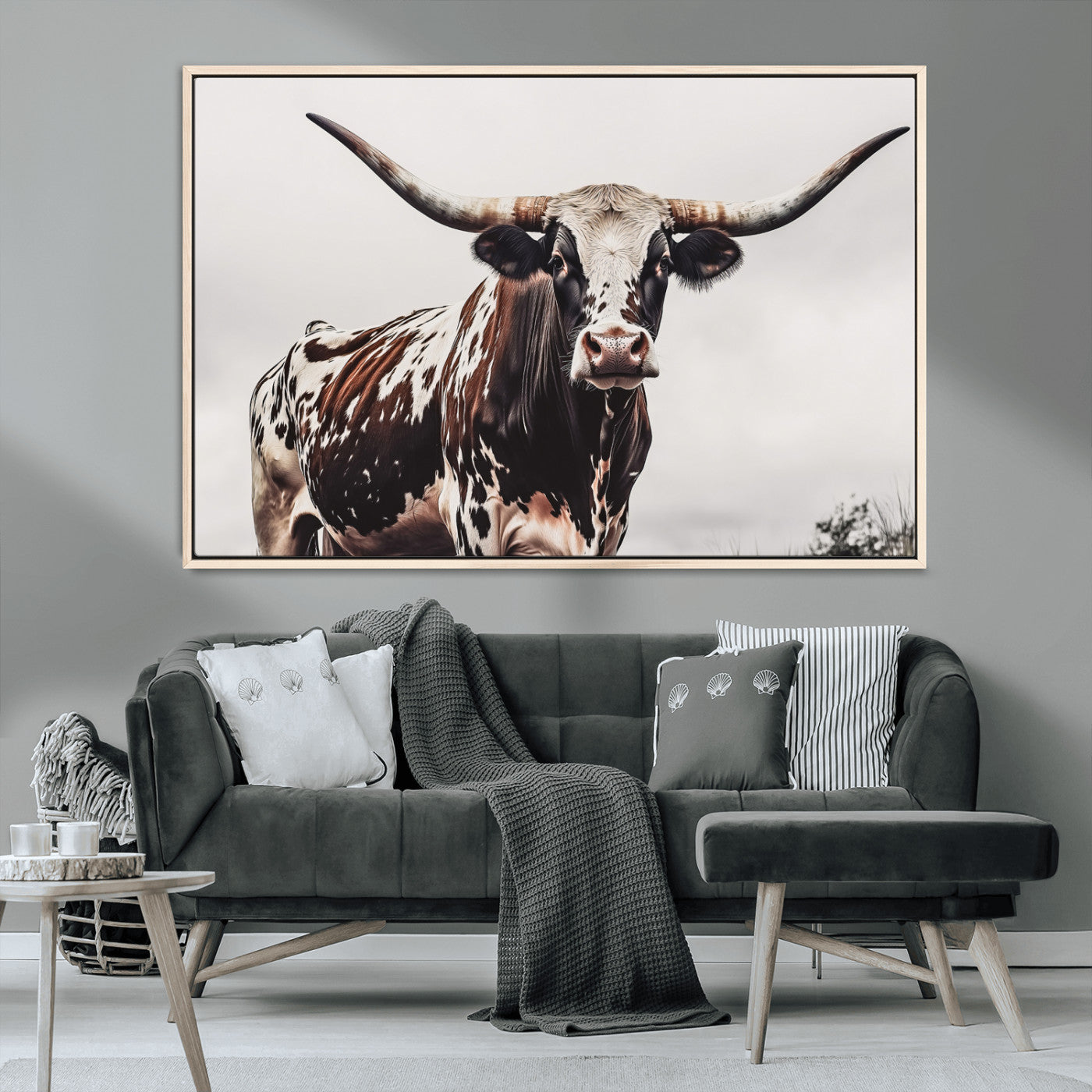 95249234-MGV-CV-36X24-Texas Longhorn Wall Art Canvas Print, Framed Spotted Bull Art Picture Print, Horned Cattle Perfect Rustic Farmhouse Decor Artwork