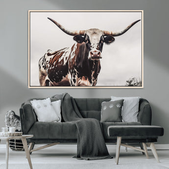 95249234-MGV-CV-36X24-Texas Longhorn Wall Art Canvas Print, Framed Spotted Bull Art Picture Print, Horned Cattle Perfect Rustic Farmhouse Decor Artwork