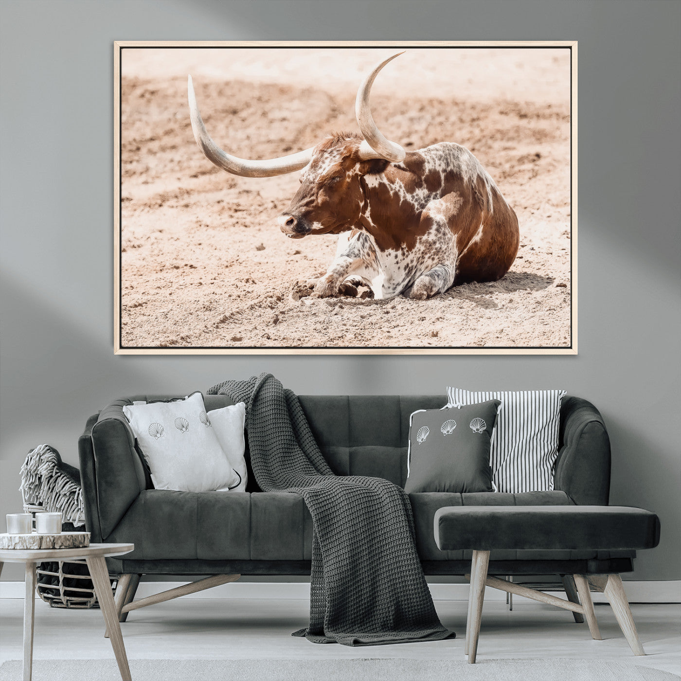 91248682-MGV-CV-36X24-Texas Longhorn Wall Art Canvas Print, Framed Resting Bull Art Picture Print, Spotted Cattle Perfect Rustic Western Decor Artwork