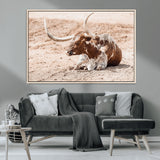 91248682-MGV-CV-36X24-Texas Longhorn Wall Art Canvas Print, Framed Resting Bull Art Picture Print, Spotted Cattle Perfect Rustic Western Decor Artwork