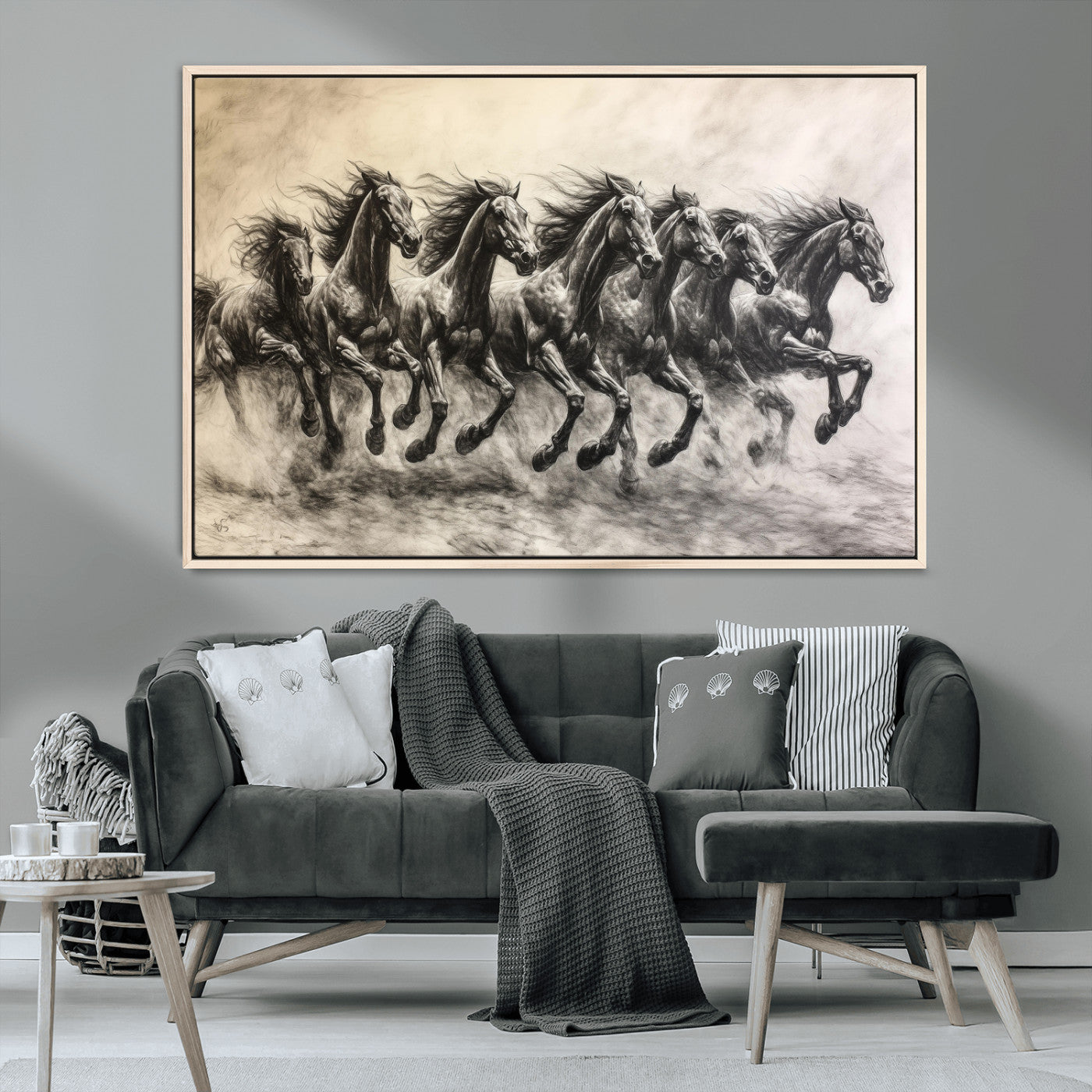 56089591-MGV-CV-36X24-Galloping Horses Wall Art Canvas Print, Framed Wild Stallions Art Picture Print, Horse Herd Sketch Perfect Monochrome Dynamic