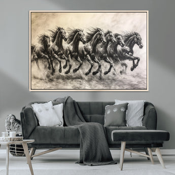 56089591-MGV-CV-36X24-Galloping Horses Wall Art Canvas Print, Framed Wild Stallions Art Picture Print, Horse Herd Sketch Perfect Monochrome Dynamic