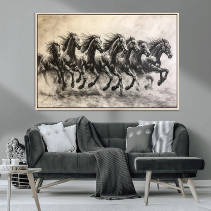 56089591-MGV-CV-36X24-Galloping Horses Wall Art Canvas Print, Framed Wild Stallions Art Picture Print, Horse Herd Sketch Perfect Monochrome Dynamic