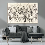 19433417-MGV-CV-36X24-Running Horses Wall Art Canvas Print, Framed Horse Sketch Art Picture Print, Galloping Herd Perfect Monochrome Western Decor