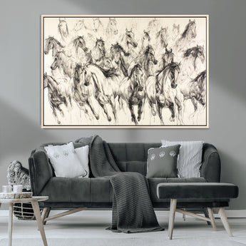 19433417-MGV-CV-36X24-Running Horses Wall Art Canvas Print, Framed Horse Sketch Art Picture Print, Galloping Herd Perfect Monochrome Western Decor