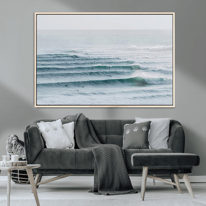 73969318-MGV-CV-36X24-Ocean Waves Wall Art Canvas Print, Framed Surfer Lineup Art Picture Print, Crowded Ocean Perfect Minimal Coastal Decor Artwork
