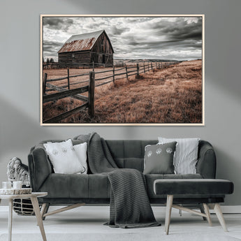 73898372-MGV-CV-36X24-Rustic Barn Wall Art Canvas Print, Framed Moody Field Art Picture Print, Weathered Fence Perfect Moody Farmhouse Decor Artwork