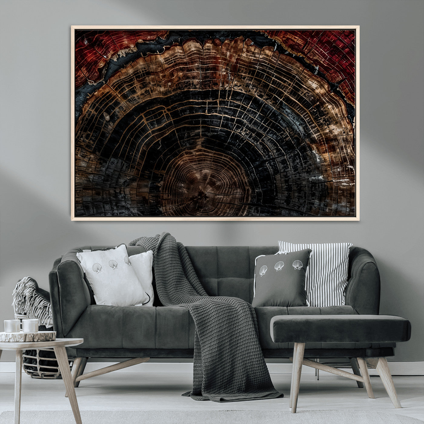 43686762-MGV-CV-36X24-Dark Wood Ring Wall Art Canvas Print, Framed Abstract Wood Tree Art Picture Print, Rustic Tree Slice Perfect Rustic Decor Artwork
