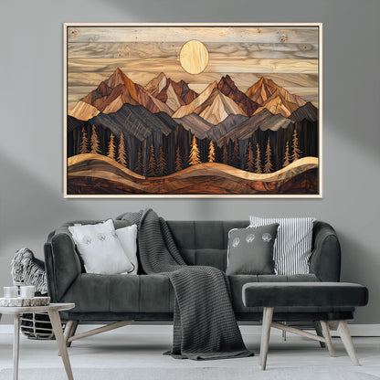 50100230-MGV-CV-36X24-Wooden Mountain Wall Art – Rustic Nature Landscape Canvas Print, Handmade Style Sun, Forest, and Peaks Artwork for Living Room,