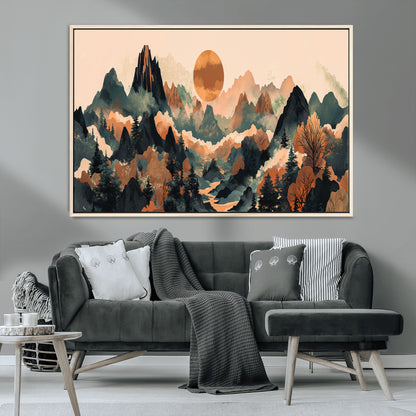 13012770-MGV-CV-36X24-Mountain Landscape Wall Art – Modern Nature Canvas Print with Sun, Misty Peaks, and Forest in Orange and Green Tones for Living