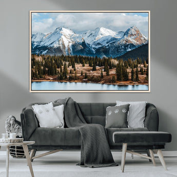 36247746-MGV-CV-36X24-Snowy Peaks Wall Art Canvas Print, Framed Alpine Lake Art Picture Print, Pine Forest Perfect Alpine Wilderness Decor Artwork