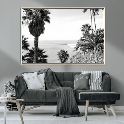 89458520-MGV-CV-36X24-Palm Trees Wall Art Canvas Print, Framed Coastal View Art Picture Print, Ocean Horizon Perfect Monochrome Coast Decor Artwork