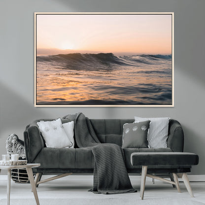 46299358-MGV-CV-36X24-Sunset Waves Wall Art Canvas Print, Framed Ocean Horizon Art Picture Print, Golden Water Perfect Golden Hour Coastal Decor Artwork