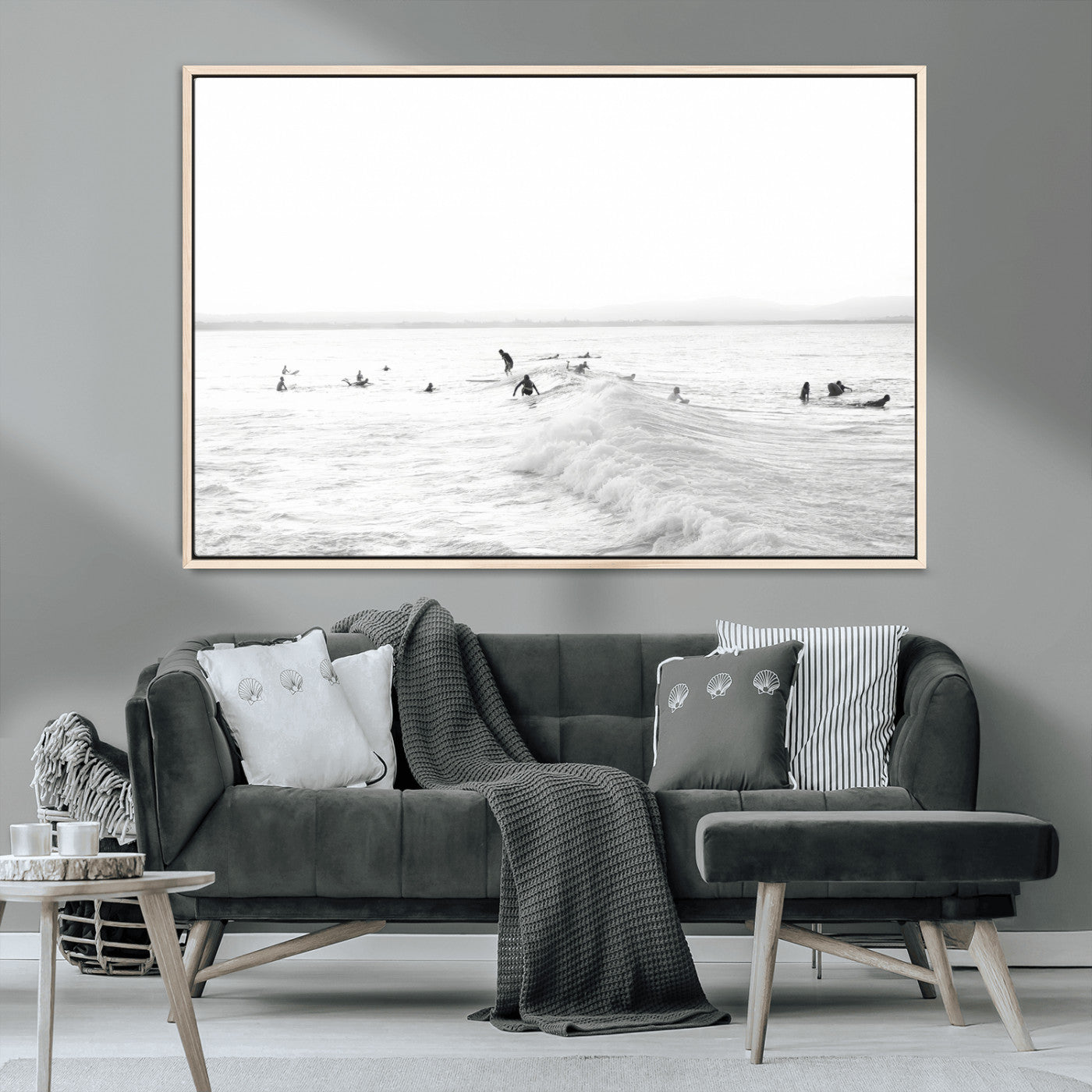 33449548-MGV-CV-36X24-Group Surfers Wall Art Canvas Print, Framed Ocean Wave Art Picture Print, Surf Crowd Perfect Monochrome Surf Decor Artwork
