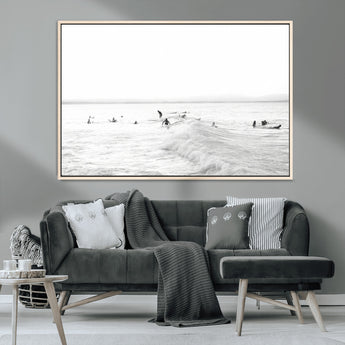 33449548-MGV-CV-36X24-Group Surfers Wall Art Canvas Print, Framed Ocean Wave Art Picture Print, Surf Crowd Perfect Monochrome Surf Decor Artwork