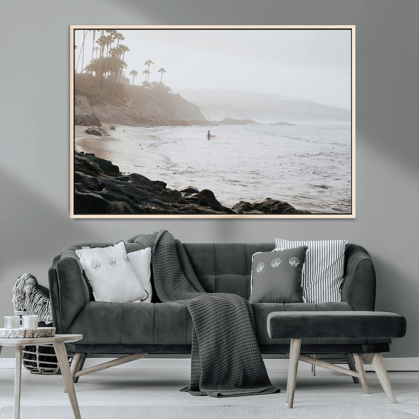 62501405-MGV-CV-36X24-Misty Beach Wall Art Canvas Print, Framed California Surfer Art Picture Print, Coastal Cliff Perfect Coastal Beach Decor Artwork