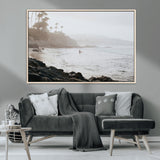 62501405-MGV-CV-36X24-Misty Beach Wall Art Canvas Print, Framed California Surfer Art Picture Print, Coastal Cliff Perfect Coastal Beach Decor Artwork