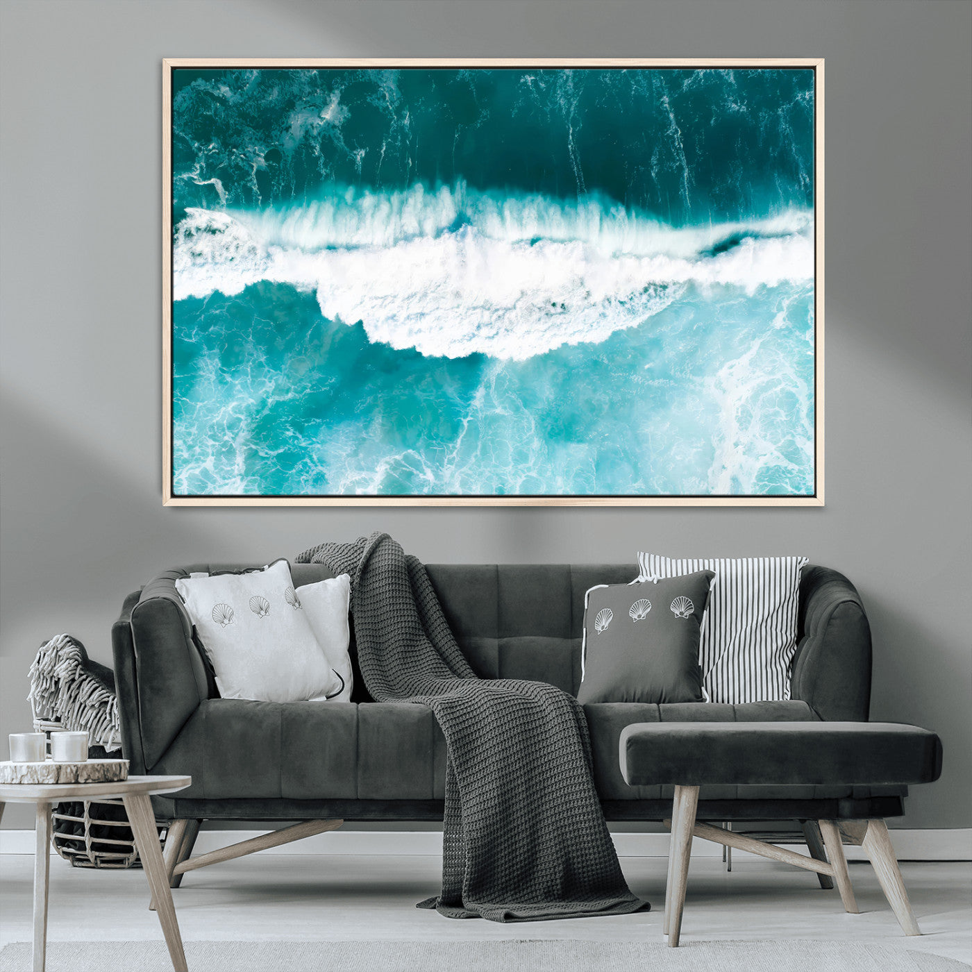 23828594-MGV-CV-36X24-Aerial Waves Wall Art Canvas Print, Framed Ocean Break Art Picture Print, Sea Foam Perfect Tropical Coastal Decor Artwork